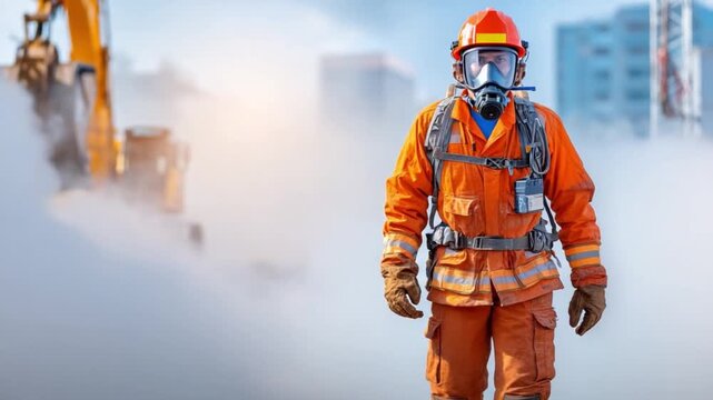 Brave Firefighter in Hazardous Duty: A dedicated firefighter in protective gear, respirator and helmet fearlessly navigates through a hazardous smoky environment, exemplifying courage and commitment.