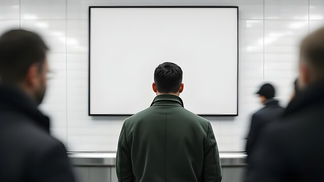 Back view of a person observing a large blank white advertising screen in a bustling urban subway station, an empty canvas ready for impactful messages