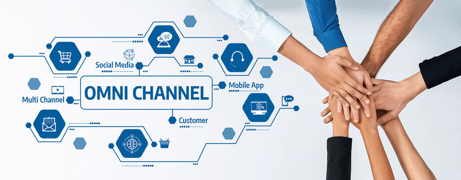 A vibrant visual showcasing diverse hands collaborating to highlight omni channel strategies in marketing and customer service, featuring engaging icons and graphics for clarity. Amity