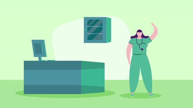 Female nurse waving with stethoscope and medical desk healthcare woman