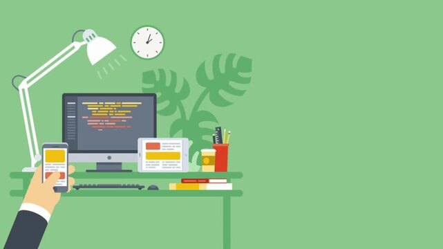 Flat design home office desk with computer and smartphone lamp clock