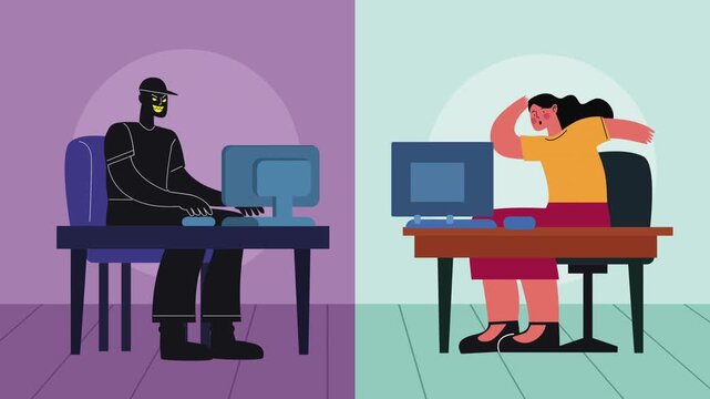 Hacker and distressed woman at computers in split screen cybercrime security