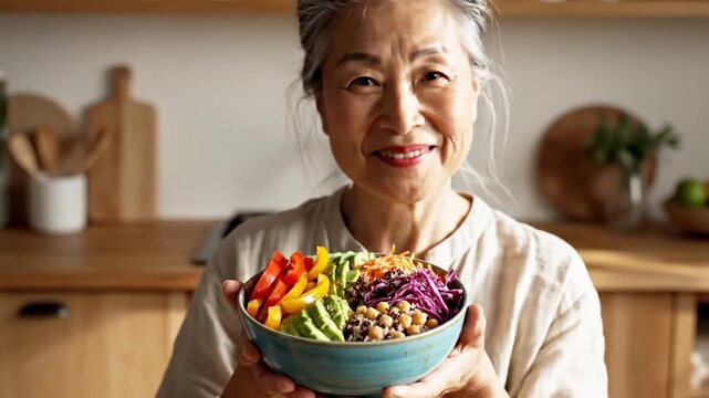 Aging woman smiling happily while holding a buddha bowl 24134617 2 - Powered by Adobe
