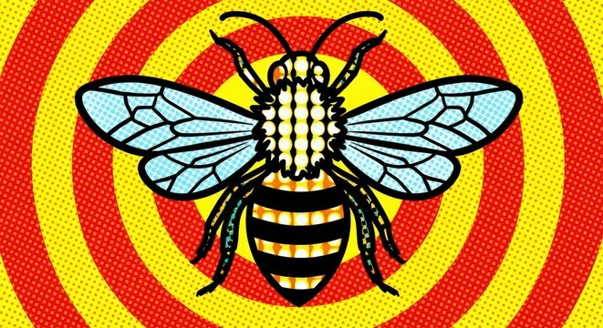 A stylized pop art bee with light blue wings and a striped body, set against a vibrant red and yellow concentric circle background.