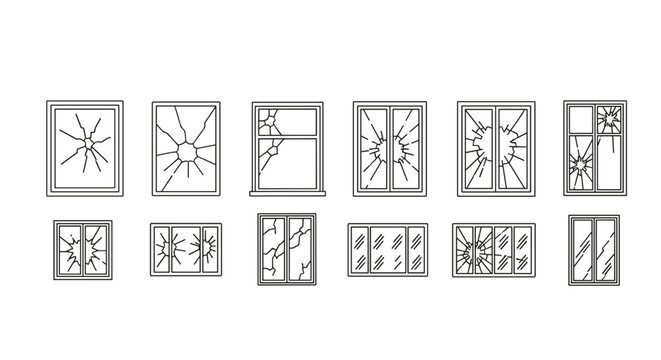 Collection of minimalistic thin line icons representing broken windows with various crack patterns, suitable for web design, graphic design, apps, banners, social networks, and cards. This vector