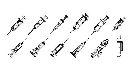 Collection of diverse syringe outline icons and symbols, presented in a linear, cartoon illustration style, perfect for graphic and web design, apps, adverts, and various cards, all isolated on a