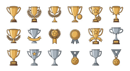 Collection of diverse winning cups, trophies, and medals in gold and silver, featuring laurel wreaths and ribbons, presented in a clean, cartoon vector style with editable strokes, ideal for