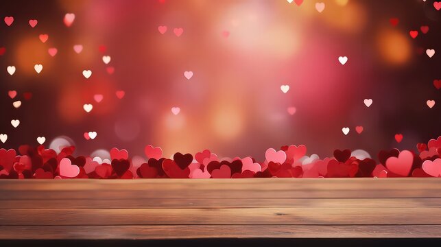 Wooden floor with falling hearts on bokeh. Valentine's Day background.