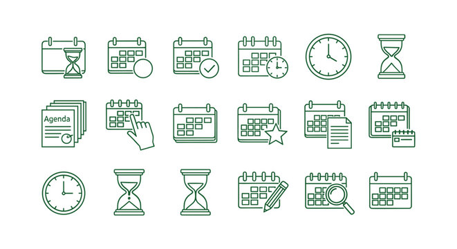 Vector illustration of a collection of line icons representing time management, scheduling, and deadlines, including calendars, hourglasses, clocks, agenda documents, and interactive calendar
