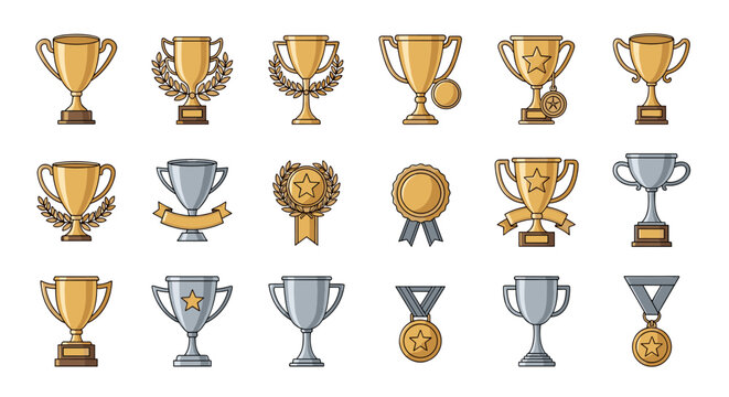 Collection of diverse winning cups, trophies, and medals in gold and silver, featuring laurel wreaths and ribbons, presented in a clean, cartoon vector style with editable strokes, ideal for
