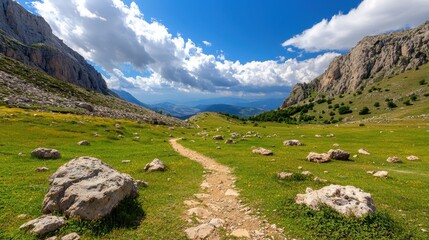Scenic Pathway Through Lush Green Valley Under Blue Sky
