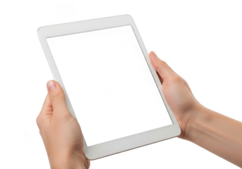 Hands holding white tablet device with blank screen for app mockup and ui presentation, isolated on transparent background
