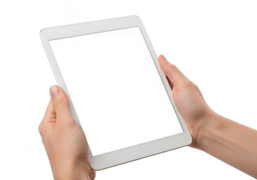 Hands holding white tablet device with blank screen for app mockup and ui presentation, isolated on transparent background