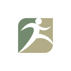 A stylized white human figure in an active pose, running or jumping, set against a two-tone rounded square background in muted green and beige, symbolizing health and movement.