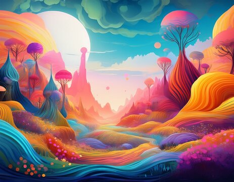 an abstract fantasy landscape with whimsical colors and shapes perfect for creative storytelling