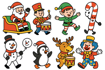 Collection of Cheerful Christmas Characters Including Santa-Like Figure, Elf, Snowman, and Reindeer
