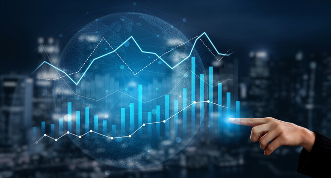 A detailed data visualization showcasing rising growth trends with a business hand interacting, set against a futuristic night cityscape for a professional atmosphere. Scalp