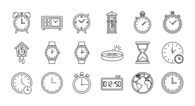 A diverse collection of line art illustrations depicting various timekeeping devices, including alarm clocks, digital clocks, wristwatches, grandfather clocks, cuckoo clocks, stopwatches