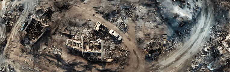 Eerie aerial drone perspective of a city completely devastated by war, showing the skeletal remains of buildings and rubble-strewn streets