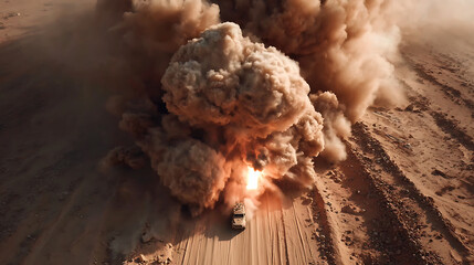 Dramatic aerial perspective of a powerful missile strike causing a massive fiery explosion on a vehicle in a desert warzone