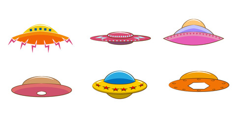 Naklejka premium Set of Six Colorful Cartoon Flying Saucers