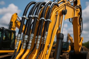 Closeup of hydraulic hoses on drilling excavator machinery Industrial construction equipment detail