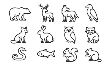 National Park Wildlife Icons. National park wildlife. Line outline icon set of national park wildlife: bear,