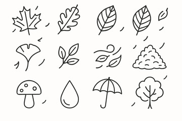 Fototapeta premium Autumn Leaves Icon Set. Falling leaves. Line outline icon set of falling leaves: maple leaf, oak leaf, birch