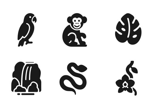 Rainforest Icons Collection. Rainforest ecosystem. Filled icon set of rainforest ecosystem: parrot, monkey,