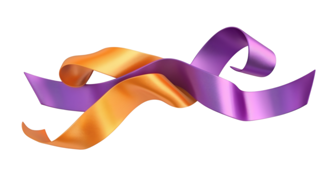 Set of orange and purple ribbons banner 3D render icon isolated on white background