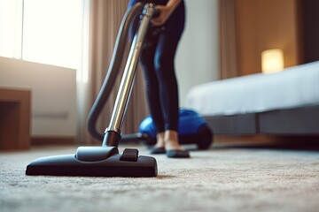 Person actively using a cleaning appliance to remove debris from a plush carpeted floor