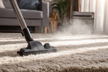 Household appliance cleans dust and dirt from thick carpet fibers in bright sunlight