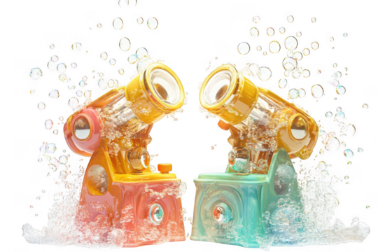 Two bubble blowing toy cannons with water and bubbles close up macro photography still life isolated on transparent background - Powered by Adobe