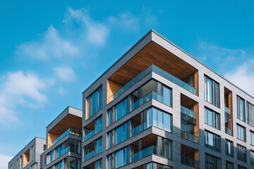 Modern residential building facades featuring glass balconies and wooden soffits under a bright sky