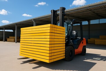 Forklift moving yellow construction beams in sunny open warehouse Industrial logistics concept