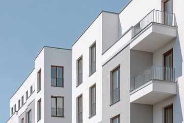 Modern residential building facade features sharp lines and white exterior surfaces against a clear sky