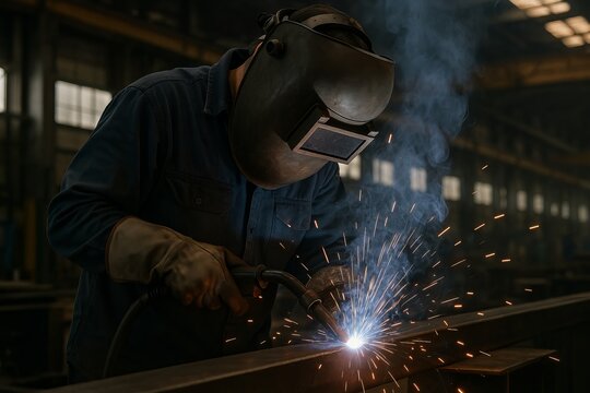 Factory worker welding steel parts bright sparks in industrial environment manufacturing process background