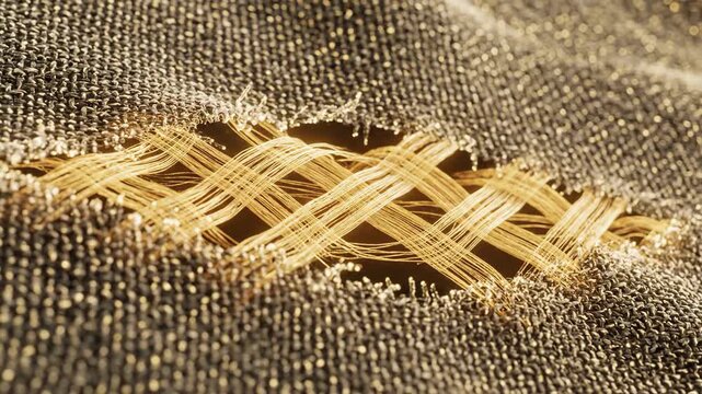 Abstract metaphor of invisible needles (fibroblasts) mending a tear in glowing fabric with new, strong collagen threads.