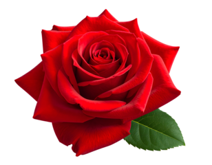 Detailed 3D red rose flower icon with fully bloomed petals and lush green leaves, perfect for celebrations and gifts, isolated on a transparent background, PNG