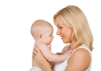 Blond mother holding baby in diaper looking face to face smiling