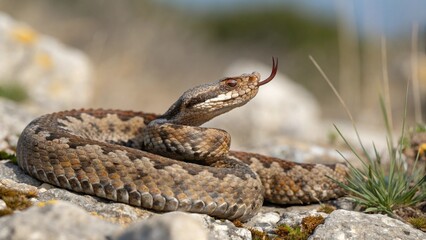 Fototapeta premium Venomous Nose-Horned Viper (Vipera ammodytes) coiled and camouflaged on a sun-warmed rock in its arid natural habitat.
