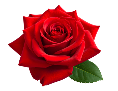 Detailed 3D red rose flower icon with fully bloomed petals and lush green leaves, perfect for celebrations and gifts, isolated on a transparent background, PNG