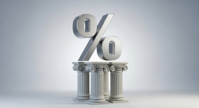 Percentage sign on top of ionic columns isolated on white background representing interest rate, discount, or finance