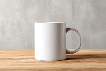 Plain white ceramic beverage holder sits centered on a wooden surface against a textured backdrop