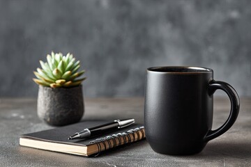 Matte black mug, small potted succulent, and spiral notebook with pen rest on a textured surface