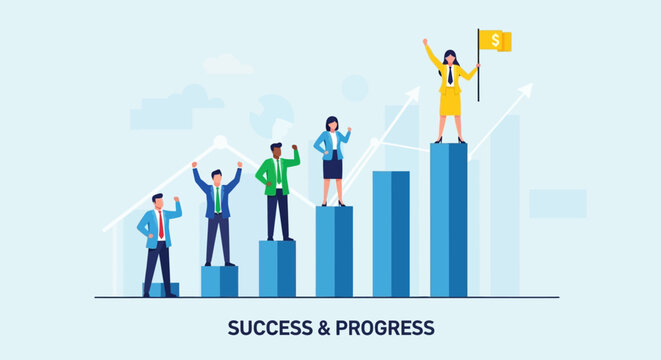 Diverse business professionals celebrate achievements by climbing growth bars, reaching a goal