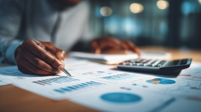 Business Professional Analyzing Financial Documents with Calculator and Charts in Office