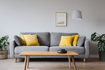Contemporary living room interior design features a gray sofa with bright accent pillows