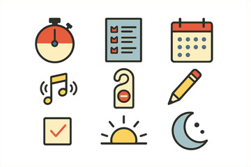 Set of daily routine and time management icons covering scheduling, tasks, and activities