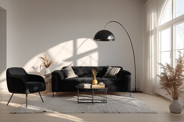 Contemporary living space features dark upholstered furniture bathed in bright sunlight streaming through a large arched window